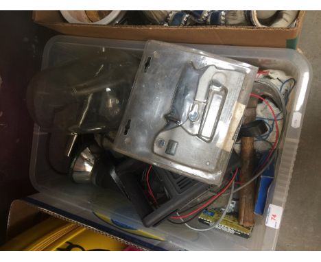 A box of misc including garage items, Linwood battery charger, a boxed stapler, a demijohn, cables, etc 
