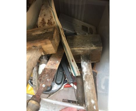 A box of misc tools including beaters, drill bits, keys, etc 