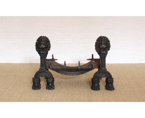 A Pair of Victorian Cast Iron Lion Mask Andirons and a Grate A Pair of Victorian Cast Iron Lion Mask Andirons and a Grate, th