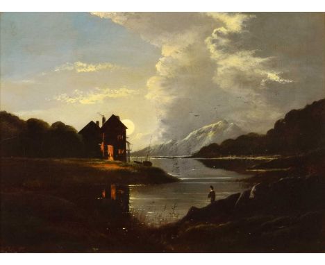 Charles Leslie (British 1835-1890) Moonlit lake scene Signed and dated 1875, oil on canvas.29 x 39.5cm (framed 47 x 57cm)The 