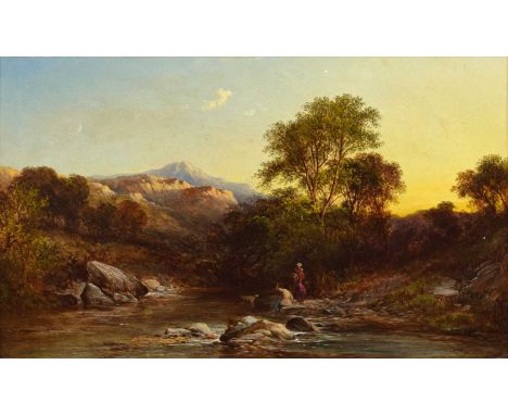 George Augustus Williams (British 1824-1901) River scene with figures Unsigned, oil on canvas.29 x 49.5cm (framed 44 x 64.5cm