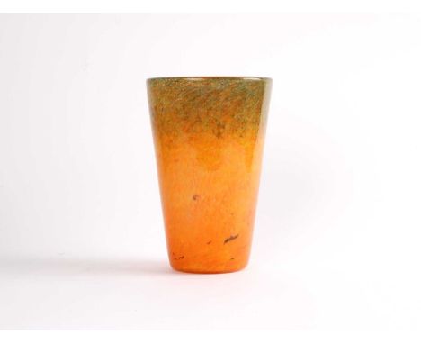 John Moncreiff Ltd, Perth "Monart" Tapered Glass Vase Shape "OE", speckled green to organge, ground pontil.22cm highPrivate c