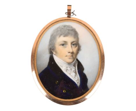 George Engleheart (British 1750-1829) An oval portrait miniature of a gentleman, bust length, wearing a cravat with a blue co