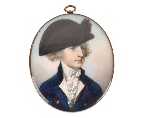 George Engleheart (British 1750-1829) An oval portrait miniature of a gentleman, bust length, wearing a bicorne and a cravat 