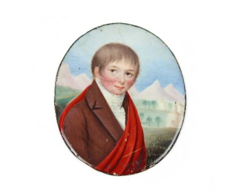 English School (early 19th century) Portrait of a boy wearing a red sash in front of a mountainous landscape Inscribed F. à M