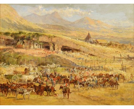 American School (19th/20th century) Expansive Western scene with cowboys Unsigned, oil on board.28.5 x 38cm (framed 46.5 x 56