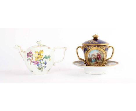 A Chocolate Cup with Cover and Stand in the Style of Sevres And a Meissen Teapot A Chocolate Cup with Cover and Stand in the 
