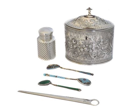 A selection of silver. To include a caddy, Russian spoons and skewer, gross weight of solid items 11.30ozt.Caddy - finial bea