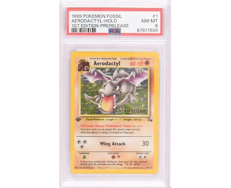 Pokemon TCG. Aerodactyl 1/62 Prerelease 1st Edition Fossil PSA 8. The pre-release stamp on the card is partially printed, thi