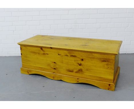 A pine storage trunk with a rectangular lift up top and a void interior on plinth support, 42 x 120cm