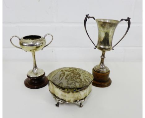 Two early 20th century Canton silver twin handled trophy cups together with a Birmingham silver trinket box with upholstered 