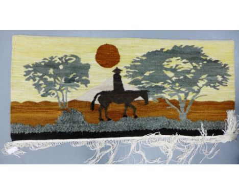 A mohair hand weaving panel titled 'Night Rider at Sunset' designed by Fobane Weavers, 160 x 82cm 