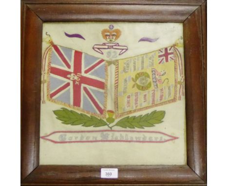 Victorian Gordon Highlanders sewn woolwork panel, in glazed oak frame, 48 x 48 cm 