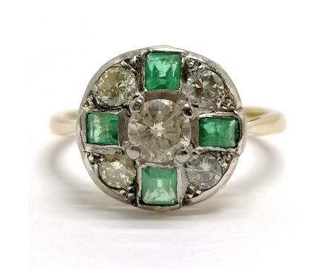 Antique 18ct gold (unmarked) &amp; platinum Art Deco emerald &amp; diamond cluster ring - size P &amp; 3.3g total weight ~ th