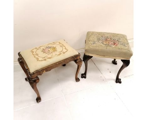 Antique mahogany tapestry top dressing table stool, on unusual shaped pad feet, 50 cm wide, 42 cm deep, 50 cm high, in heavy 