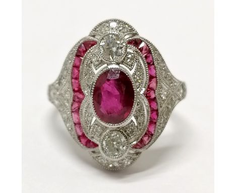 JoAq Art Deco style platinum marked ring set with rubies &amp; diamonds - size N½ &amp; 6.6g total weight 