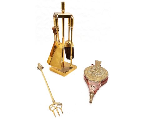 Brass fire companion set on original stand - 36cm high t/w bellows &amp; toasting fork 