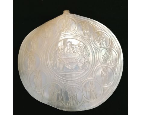 Antique mother of pearl baptismal shell dish hand carved with last supper &amp; 12 apostles - 13cm  across and no obvious dam