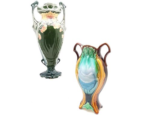 Austrian Art Nouveau floral 2 handled vase, 46 cm high, 20 cm wide, some slight surface chips, t/w  Majolica 2 handled vase, 