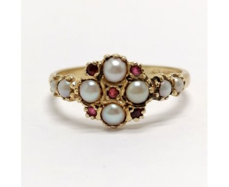 14ct hallmarked gold antique style ruby / pearl cluster ring with pearl set shoulders - size X½ &amp; 3.5g total weight 