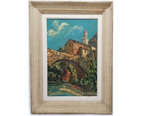 Framed oil on panel painting of a bridge &amp; church by Louis Jacques Vigon (1897-1985) - frame 53cm x 40cm 