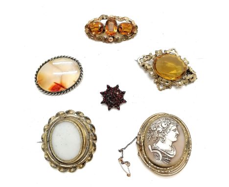 6 x antique brooches - hand carved shell cameo (6cm), 2 x yellow paste, swivel fob, agate panel &amp; garnet 