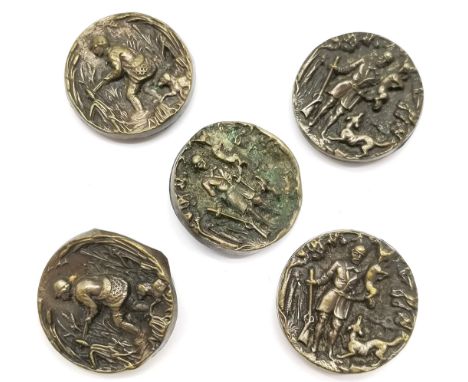 5 x unusual metal buttons depicting hunting with guns &amp; dog - 26mm diameter and in used condition 