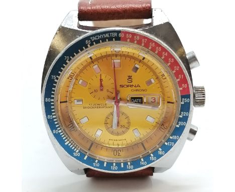 Vintage Sorna chrono 40mm case manual wind wristwatch with pepsi cola style bezel - for spares / repairs 