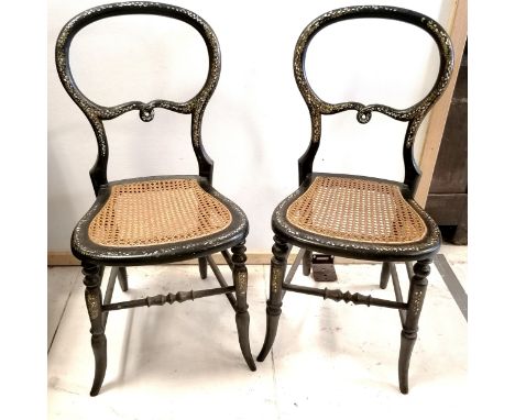 Pair of Victorian ebonised and mother of pearl inlaid balloon back bedroom chairs, with cane seating, No holes, 38 cm wide, 3