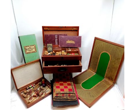 Antique mahogany games compendium box (44cm x 25cm x 19cm) containing dominoes, markers, counters etc t/w board games inc Go-