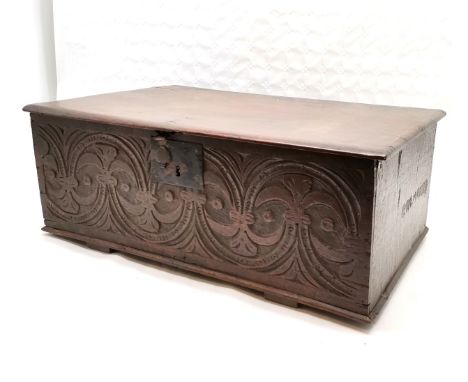 Antique oak bible box with carved front panel 70cm x 44cm x28cm high- has a broken hasp otherwise in good used condition 