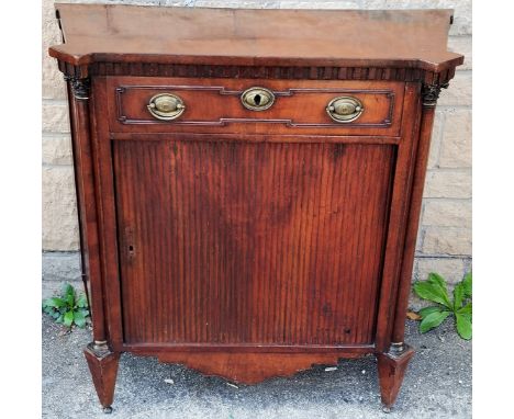 Antique French mahogany tambour fronted commode with single frieze drawer, flanked by Corinthian column pilasters, 81 cm wide