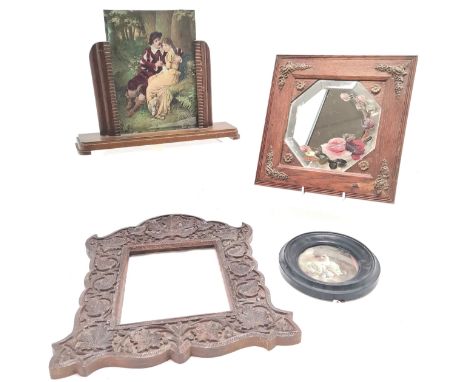 Art Deco oak picture frame, 31 cm wide, 25 cm high, wall mirror with hand painted mirror panel with some losses to frame, and