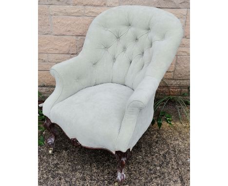 Victorian button back Nursing chair, upholstered in a green plush material, 68 cm wide, 84 cm deep, 86 cm high, in good used 