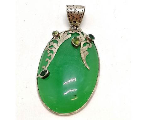 Impressive silver mounted large green stone panel pendant set with green gemstones - 9cm drop &amp; 55g total weight 