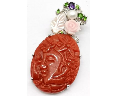 Silver carved hardstone Buddha head pendant set with mother of pearl, coral &amp; green / purple stones - 4.8cm drop &amp; 14