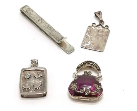 Silver enamel and marcasite purse locket pendant (3cm drop) t/w silver jubilee 4 nations pendant, rectangular pendant &amp; 1