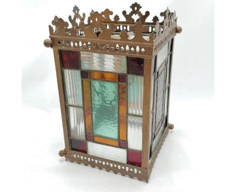 Antique hall lantern with lead light glass panels - 35cm high x 21cm square ~ 1 panel a/f 