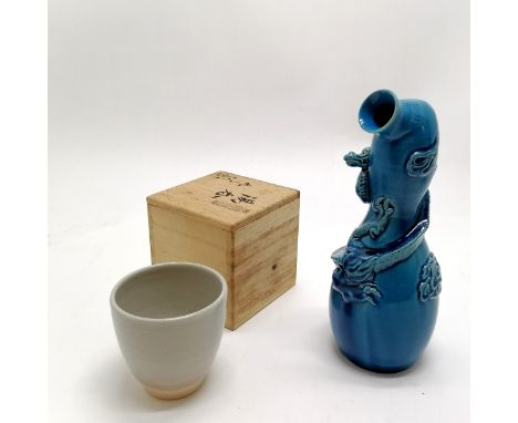 Japanese blue stoneware flask with raised dragon &amp; cloud detail (20cm and has restoration to top) t/w studio pottery cup 