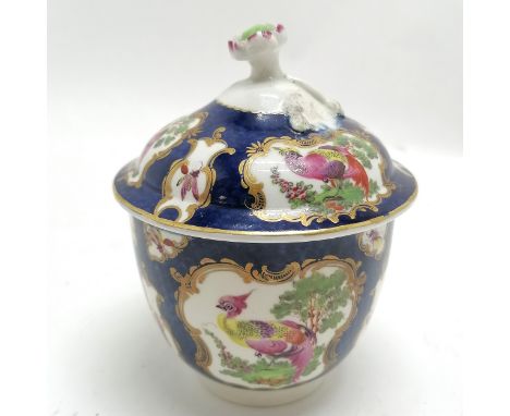 18th century Worcester blue grounded sucrier with fancy bird &amp; bug panels - 12.5cm high &amp; 10.5cm diameter of lid ~ fi