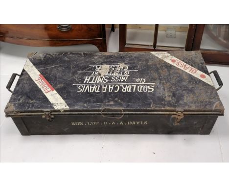 WWII black military trunk Sqd Ldr C A A Davis with brass clasps - 105cm x 42cm x 26cm high ~ in used condition 