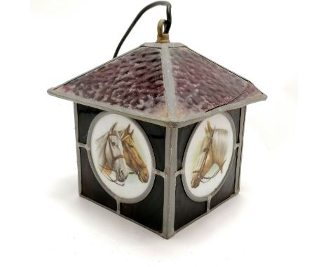 Vintage lead stained glass light porch lantern with milk glass roundels decorated with horse heads - 25cm drop &amp; top is 2