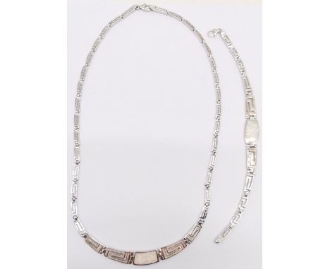 Silver opal set greek key pattern bracelet (18cm) + necklet - total weight 35g 