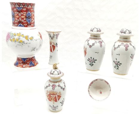 Samson armorial set of 3 jars and covers, vase &amp; tea bowl all a/f t/w oriental enamel floral vase 26 cm high. 