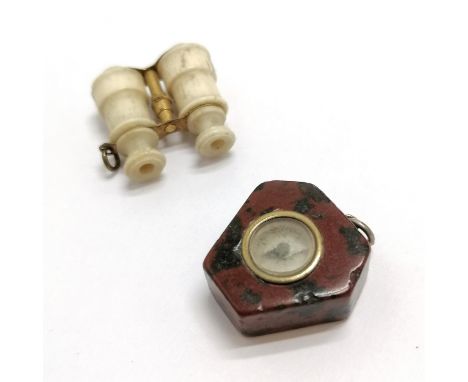 Antique Serpentine compass fob 2.2cm long T/W carved bone binoculars as a fob - no lenses 