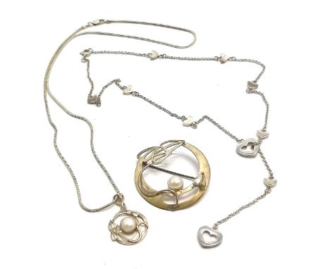 Hand crafted silver pearl set brooch + pendant on 44cm chain t/w silver heart detailed necklet - total weight (3) 19g - SOLD 