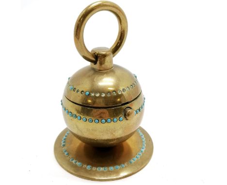 Antique brass inkwell with hinged lid &amp; blue bead detail - 8cm diameter base and has losses to beads 