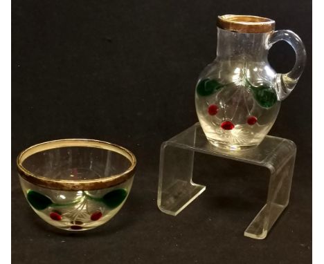 1908 (M/N) silver mounted glass cream jug &amp; sugar basin with cherry raised detail - jug 10cm with lip a/f 