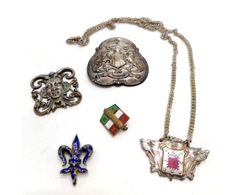 Silver blue enamel fleur de lis brooch / suspender, Italian fascist badge, red / blue enamel armourial pendant on chain etc 