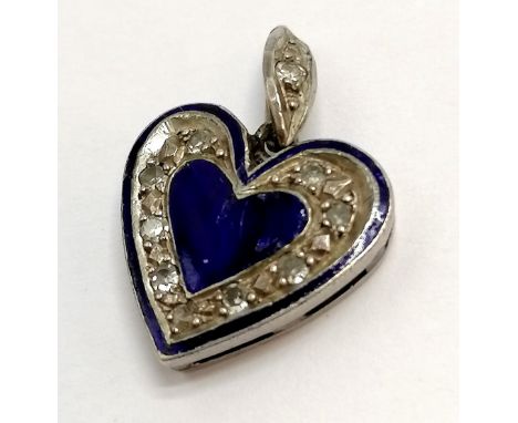 Antique white metal heart pendant set with diamonds and blue enamel detail - 1.8cm drop &amp; 2.4g total weight ~ has wear to